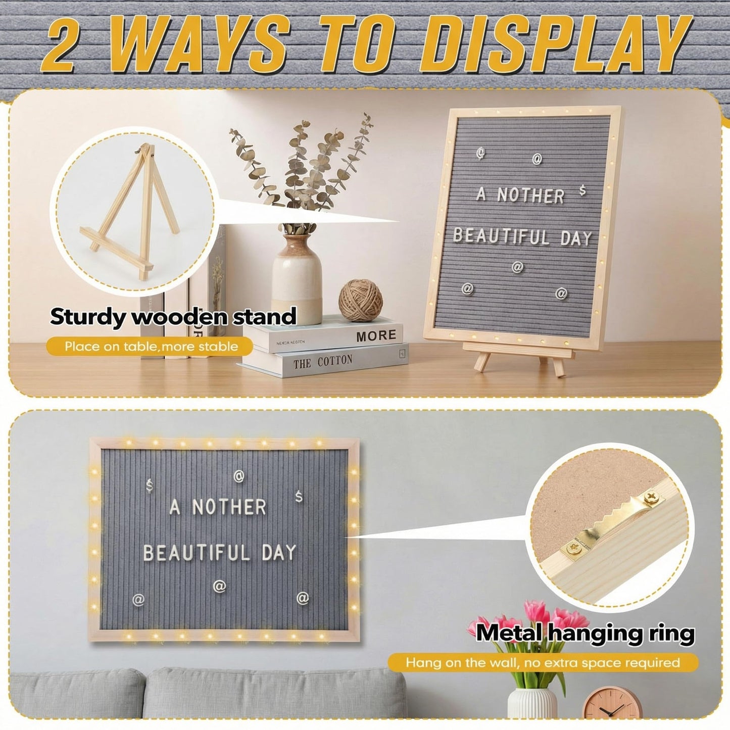 wearage 12 x 16 Inch Changeable Felt Letter Board with LED Lights, Message Custom Felt Letter Board with Wooden Stand and 300 Letters for Pregnancy Announcement Classroom Decor Poster (Grey)