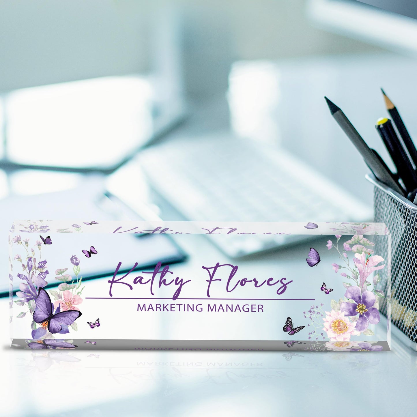 Personalized Acrylic Name Plate for Desk, Custom Office Name Plates, Purple Desk Decor