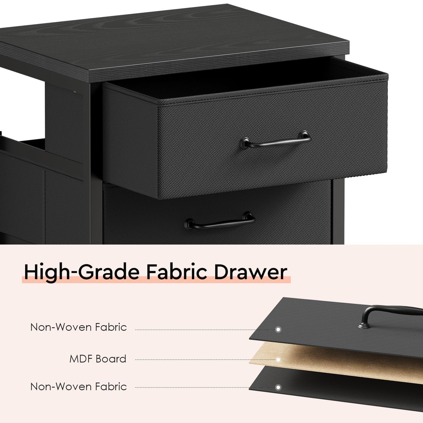 Maihail 3 Drawer Mobile File Cabinet with Wheels Fabric Vertical Filing Cabinet fits A4 or Letter Size for Home Office,Black