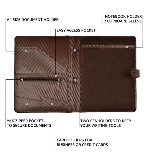 LEATHER VILLAGE Portfolio Professional Organizer– Carbon Fiber Genuine Leather Padfolio Resume Folder for A4 Letter Pad with Pen Holder, Business Card Slots & Writing Pad– Ideal for Men & Women-Brown