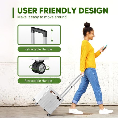 Folding Utility Cart - Portable Rolling Crate Handcart with Lid & 4 Wheels | Durable White Shopping Trolley