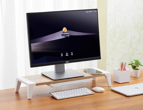 Bostitch Office Wooden Monitor Stand with Wireless Charging Pad, Drawer for Storage, Adjustable Height Riser Includes Removable Non-Skid Rubber Feet - Wood Grain and White (STND-248WH)