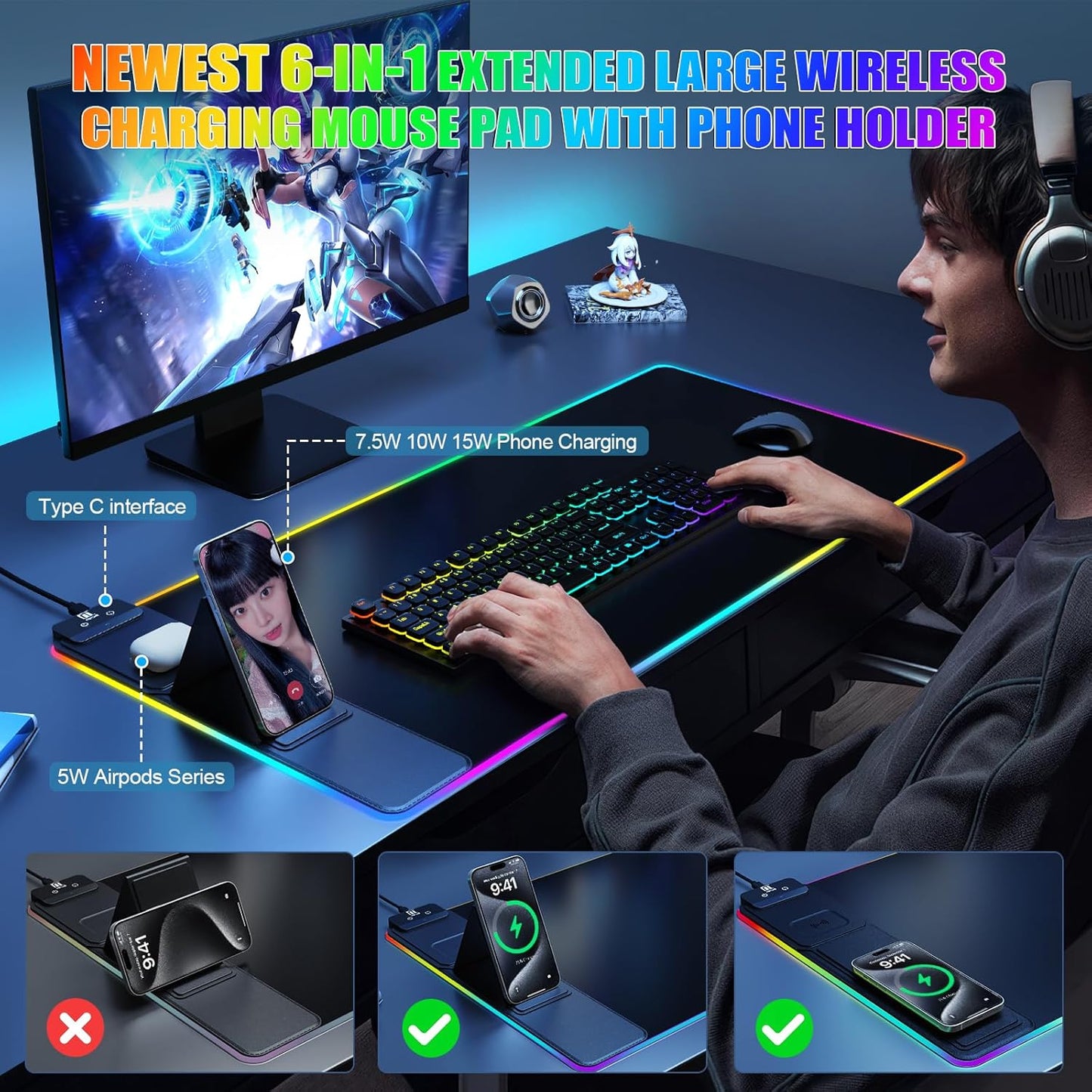 Skiennix Wireless Charging Mouse Pad - RGB Gaming Desk Mat with Phone Holder | Large, Ultra-Smooth, Non-Slip, Waterproof, Classic Black