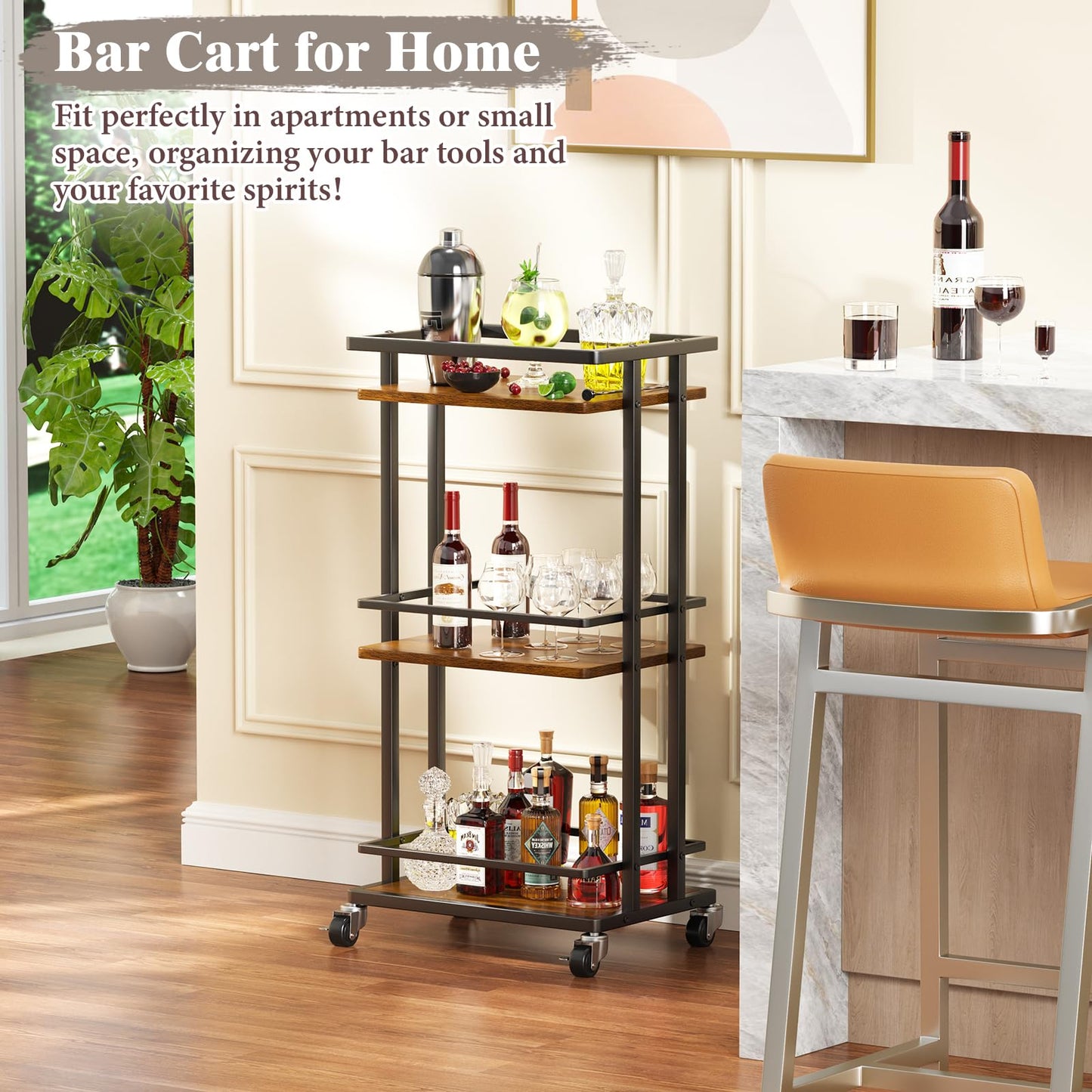 OKZEST 3 Tier Bar Cart for Home, Rolling Mini Liquor Bar for Wine Beverage Dinner Party, Utility Kitchen Storage Island Serving Cart on Wheels, Coffee Bar Cabinet for Kitchen Dining Living Room, Brown