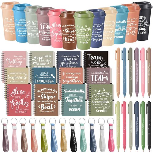 Skylety 12 Set/48 Pcs Team Appreciation Gift Set Christmas Employee Gift Bulk 16 oz Coffee Cups Thank You Mini Spiral Notebooks Pens Keychains for Staff Teacher Team Building (Morandi Color)