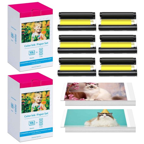2 Pack Compatible for Canon Selphy CP1500 Ink and Photo Paper KP-108IN KP108 Includes 6 Ink Cassettes + 216 Paper Sheets for Canon Selphy CP1300 CP1200 CP910 CP900 CP1000 Photo Printers