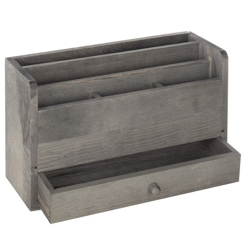 MyGift Rustic Gray Solid Wood Office Desk Supplies and Stationery Organizer, 5 Slot Wooden Desktop Mail Sorter, Document and Magazine Holder with Pull Out Drawer