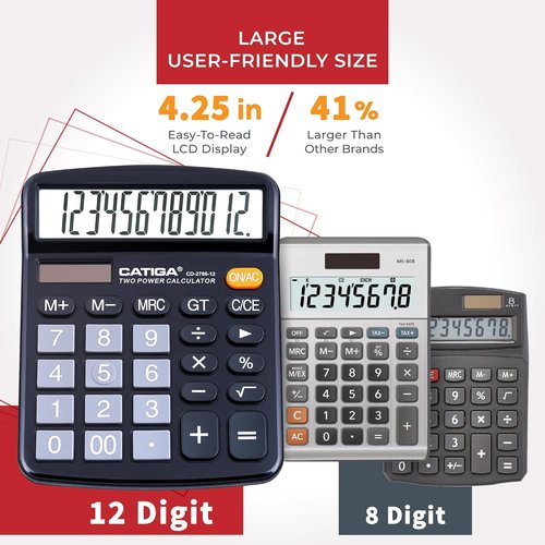 CATIGA 12-Digit Desktop Calculator - Large LCD Display, Dual Power, 2-Pack | Ideal for Office & School