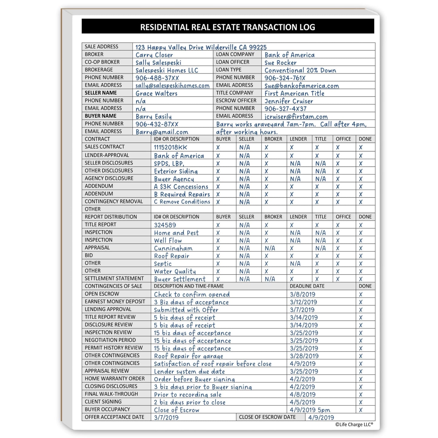 Real Estate Transaction Log Book for Realtors, Closing Checklist & Deal Tracker with Deadlines & Document Tracking – Life Charge