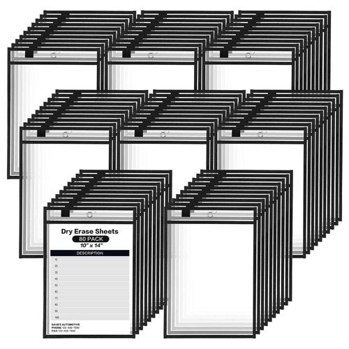 YUQILIN 80 Pack Dry Erase Pockets, Black 14 x 10 Inch Reusable Job Ticket Holders Work Order Plastic Sleeves Shop Ticket Folder Dry Erase Sheet Protectors for Teacher Classroom Office Organization