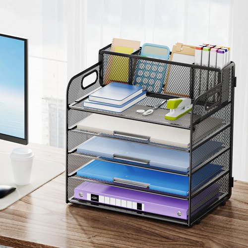Marbrasse 5 Tier Paper Organizer with 3 Pen Holders, Mesh Desk File Organizer with Handle, Paper Sorter Desk Organizer for Home Office Supplies(Black)