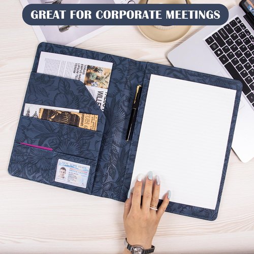 AZXCG Embossed Padfolio Portfolio PU Leather Binder,Interview Resume Folder,Business Card Holder, Organizer with A4 Legal Pads for Men Women(Blue)