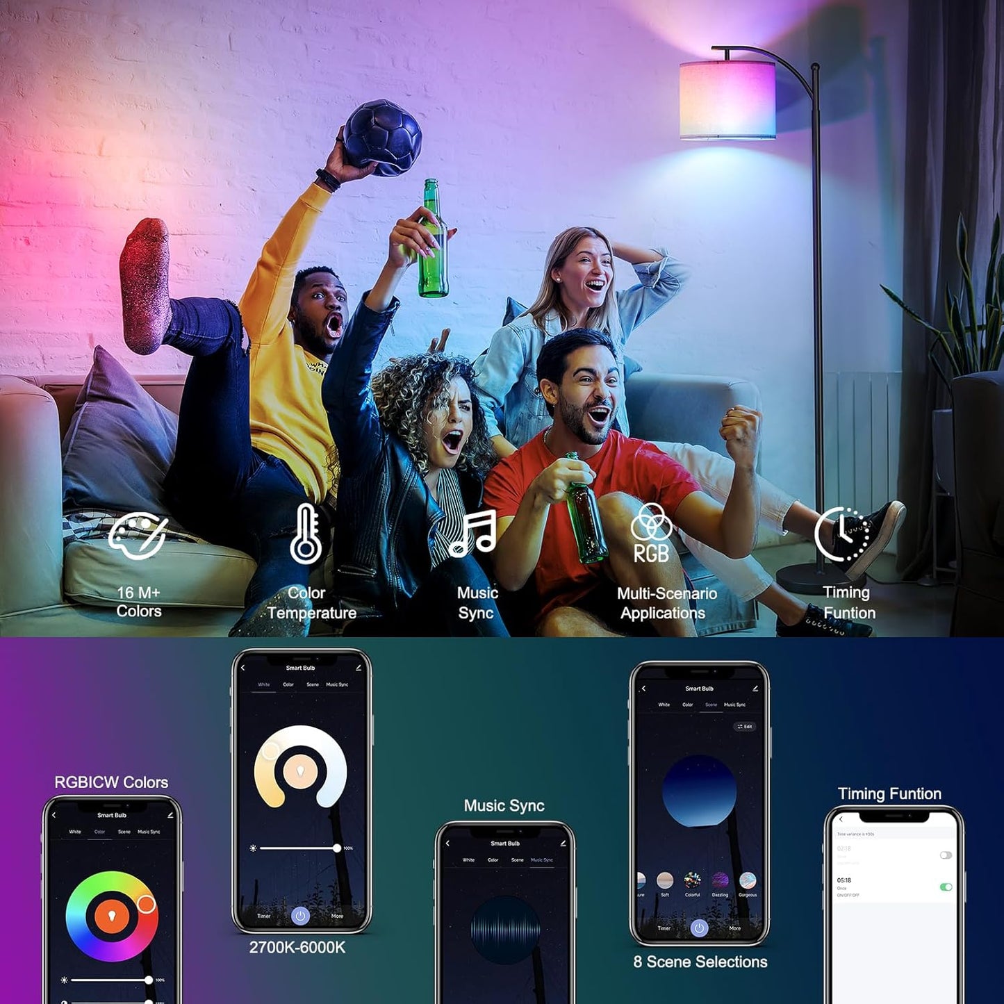 SUNMORY ARC Floor Lamp - Smart APP Remote Control with RGB Bulb | Dimmable Modern Design for Living Room, Bedroom, Office