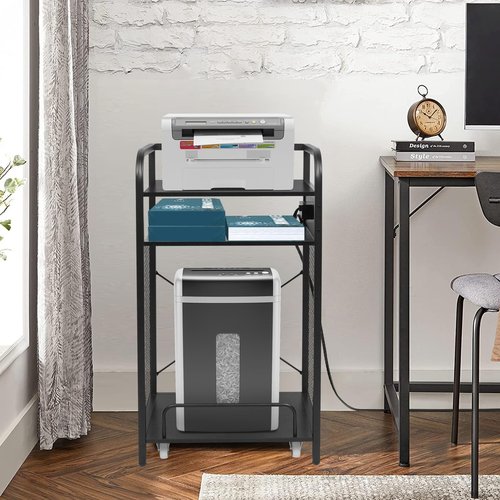 3-Tier Printer and Shredder Stand with Pull Out Shelf, 20" L x 14" W x 34" H Floor-Standing Printer Shredder Stand with Power Outlet, Printer Stand with Shredder Storage, Office Storage Rack