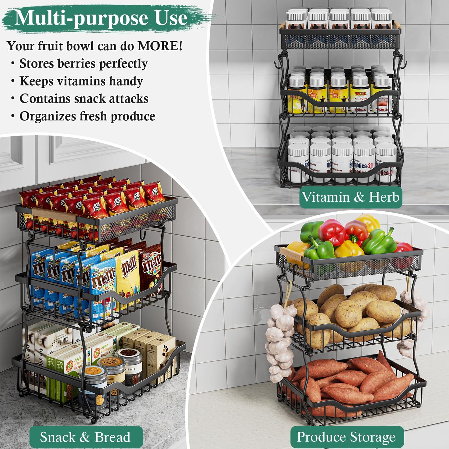 OKZEST 3-Tier Fruit Basket Fits Under Standard Upper Cabinet, 17.2" Tall