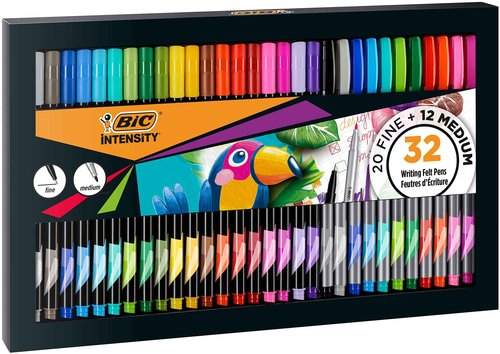 BIC Intensity Felt Tip Pens, Writing Pens with 20 Fine and 12 Medium Tips, Vibrant Colouring Pens, School Supplies for Kids or Adults, 32 Pack