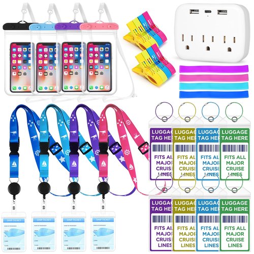 Cruise Essentials Kit Must Haves Set Include Cruise Luggage Tags Holder, Cruise Lanyards, Cruise Power Strip, Towel Bands and Clips, Waterproof Phone Bags for All Cruise Lines