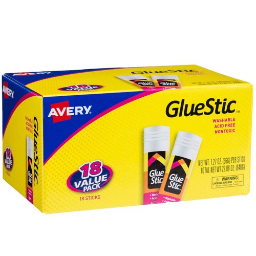 Avery Glue Stic - Washable, Non-Toxic Glue Sticks for Classroom, Crafting, and Office Use, 1.27 oz., Pack of 18, White (00192)
