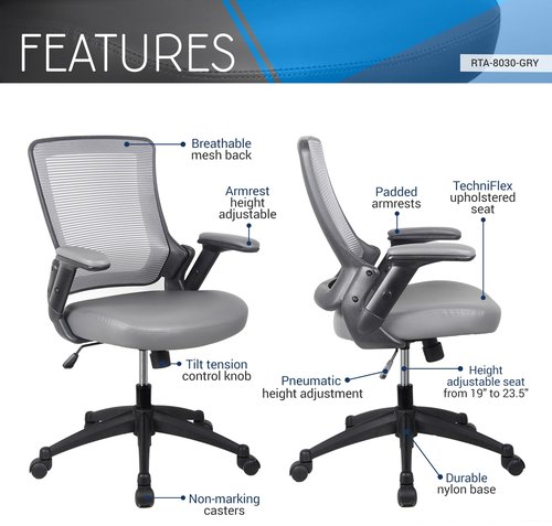 Techni Mobili Height Adjustable Arms Mid-Back Mesh Task Office Chair, 25" W x 25" D x 34" H, Gray
