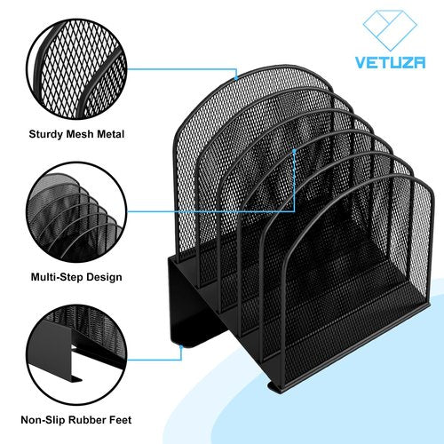 VETUZA Desk File Organizer, Metal Mesh Vertical Desktop File Folder Holder for Office & School & Home, 1 Pack