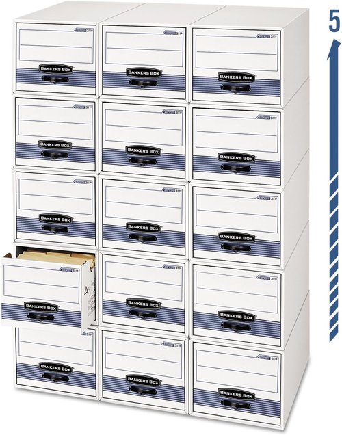 Bankers Box STOR Extra Space Saving Filing Cabinet - 6 Pack, Stacks 5 High, Letter Size, White/Blue