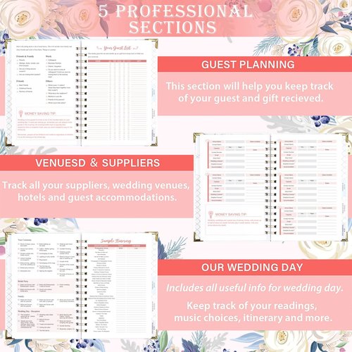 Tullofa Wedding Planner - Wedding Planner Book and Organizer for The Bride with 5 Tabbed Sections, 6.5" x 8.75", Hardcover with Metal Corner + 5 Inner Pocket + Sticker + Notes Pages - Purple White