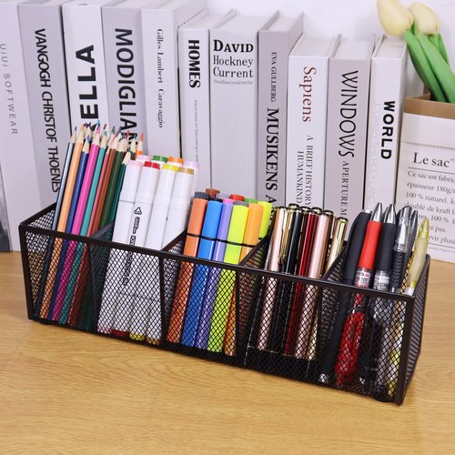 Flytreal Black Mesh Pen Pencil Holder, Small Metal Desk Organizer Desktop Stationery Office Supplies Acessories Storage Stand, 5 Compartments Brushes Holder for Home School Classroom Teachers