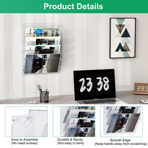 TQVAI Acrylic Hanging Wall File Organizer, 5 Tier Clear Mail Document Paper Storage Holder, Office Homeschool Wall Organization for Magazine, Bill, Letter, Brochures, Clipboard