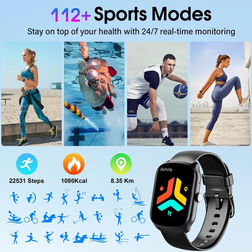 Qecnato Smart Watch for Men Women, 1.95" HD Curved Screen Smartwatch, Heart Rate/Sleep Monitor Fitness Watches, 112+ Sports Modes Activity Trackers, IP68 Waterproof Watch for Android iOS, Black