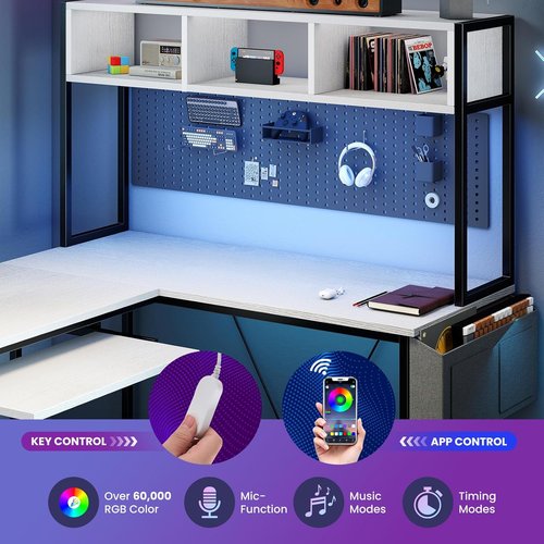 DUMOS L-Shaped Gaming Desk - 67” Reversible Computer Desk with LED Lights & Storage | White Finish