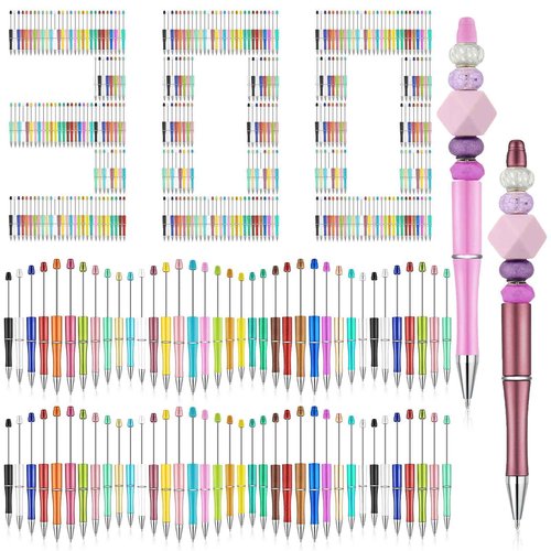 Kosiz 300 Pcs Beadable Pen Bulk Assorted Plastic Bead Pen DIY Black Ink Ballpoint for DIY Making Kids Students Office Back to School Gift Supplies(Multicolor)