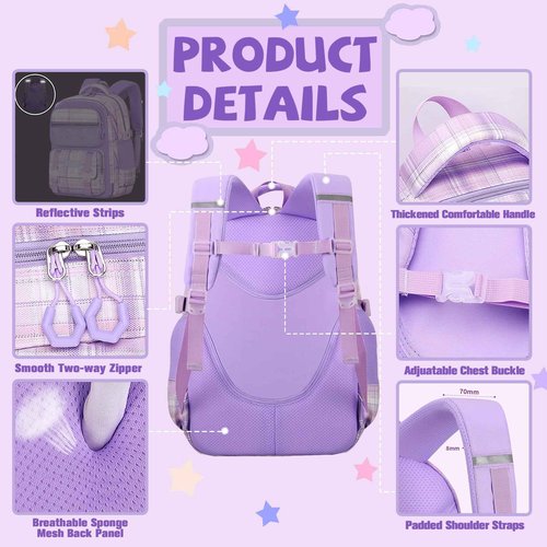Psecoll 6Pcs Kawaii Backpack Set, Blue Backpack Plaid Laptop Bag Water-Resistant Lightweight Daypack, Large Capacity Double Shoulder Backpack with Chest Strap (Blue)