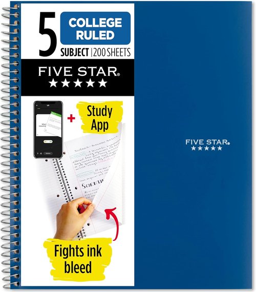 Five Star Spiral Notebook - 5 Subject College Ruled Paper, 200 Sheets, Water Resistant Cover, Pacific Blue