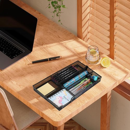 1 PC Desk Drawer Organizer, 4 to 6 Grid Office Drawer Divider with 2 Adjustable Compartments, Metal Mesh Desktop Organization for Stationery Makeup Kitchen Toolroom School &Office, 12.6x8.26x1.57 in