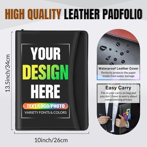 Personalized Leather Portfolio Custom Padfolio with Zipper for Men & Women, Customized Gifts for Business, Office, Travel, School, Brown