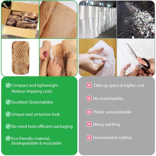 Honeycomb Packing Paper PINENUTS 15" x 131' Eco Friendly Packing Paper for Moving Recyclable Honeycomb Paper Bubble Paper Wrapping with 30 Fragile Sticker Labels and 66fthemp rope (White)