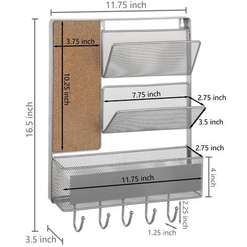 MyGift 16 x 12 Inch Wall Mounted Silver Tone Metal Office Organizer, Entryway Hanging 2 Slot Mail Sorter, Storage Bin Basket, Small Corkboard, and 5 Hook Key Holder