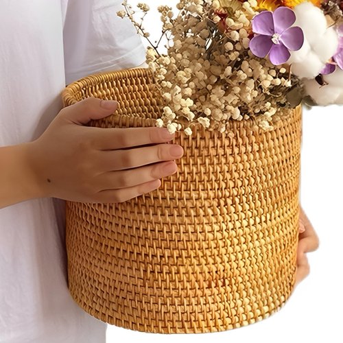 I-LAN Natural Rattan Bread Basket Barrel,Rattan Decor Dried Flower Artificial Greenery Plants Holder,Wicker Flower Pot Cover for Indoor Planter,Rattan Desk Waste Basket,9.5"x9.5"x8.3"