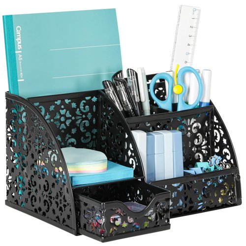 EasyPAG Desk Organizer with Sliding Drawer - 6 Compartments Metal Desktop Caddy, Decorative Elegant Hollow Flower Design, Anti-Scratch Pads for Home, Office, School, Black