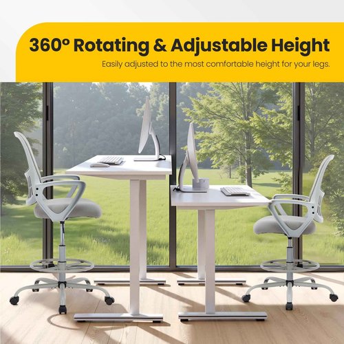 Sweetcrispy Home Office Drafting Chair - Ergonomic High Stool Computer with Adjustable Height and Comfy Lumbar Support, Tall Rolling Task for Standing Desk with Fixed Arm and Footrest, Grey