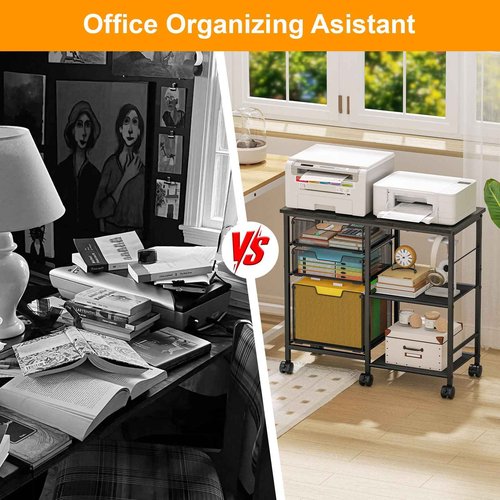 Sbanmao 3 Drawers Rolling File Cabinet with Open Storage Shelf, Under Desk Storage, Hanging File Folder Organizer with Wheels, Mobile Printer Stand Utility Craft Cart for Home Office, Black