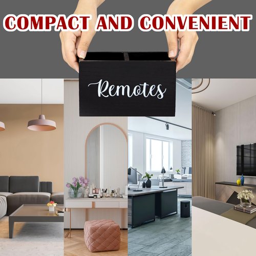 Black Wooden Remote Control Holder for Table, TV Remote Holder, 2 Compartments Ash Wood Remote Organizer Caddy with Handle, Wooden Remote Box for Nightstand,Living Room Office, Office Desk, Side Table
