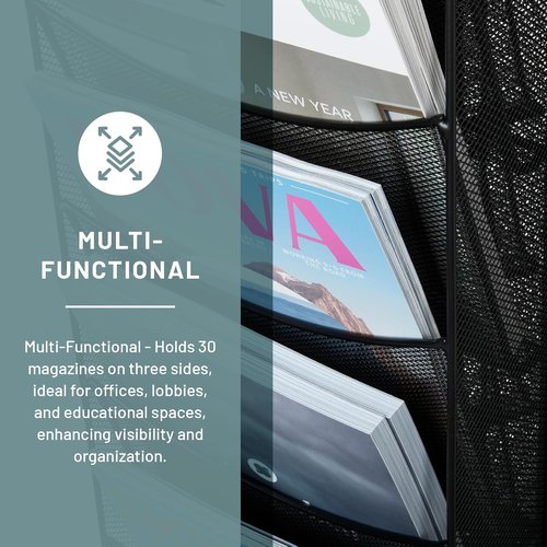 Safco Onyx Magazine Holder - Rotating Mesh Display Rack with 30 Pockets, Black Steel Construction
