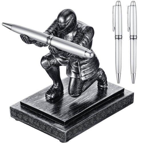 Spakon Knight Pen Holder with 2 Pens Resin Desk Organizers and Accessories Funny Executive Pen Stand Fancy Cool Office Gadgets Cool Desk Decorations for Men Home Supplies(Classic,Iron)