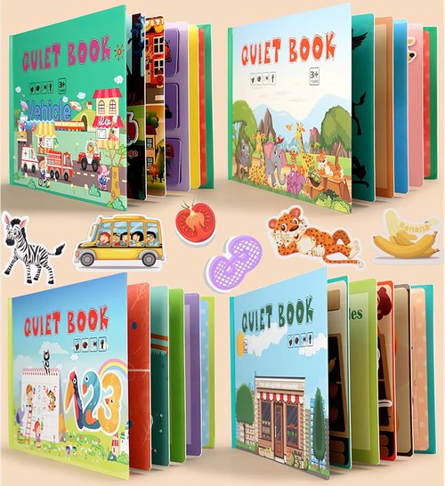 Skiennix 4 Pack DIY Busy Book - Montessori Quiet Book with Animal, Vehicle, Number & Fruit Activities for Toddlers