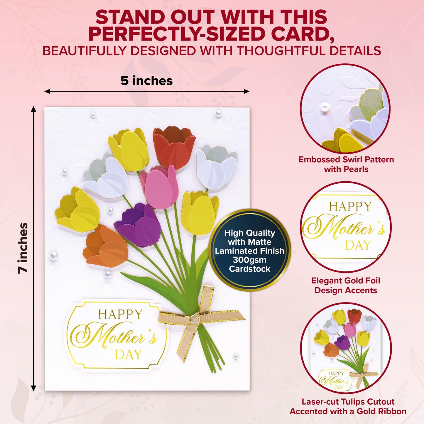 Decorably Gold-Foiled 5x7in Individual Mothers Day Cards for Daughter with Tulips Cutout, Ribbon & Pearls, with Envelope & Sealing Wax, Textured with Printed Message Inside - Gifting, Mailing