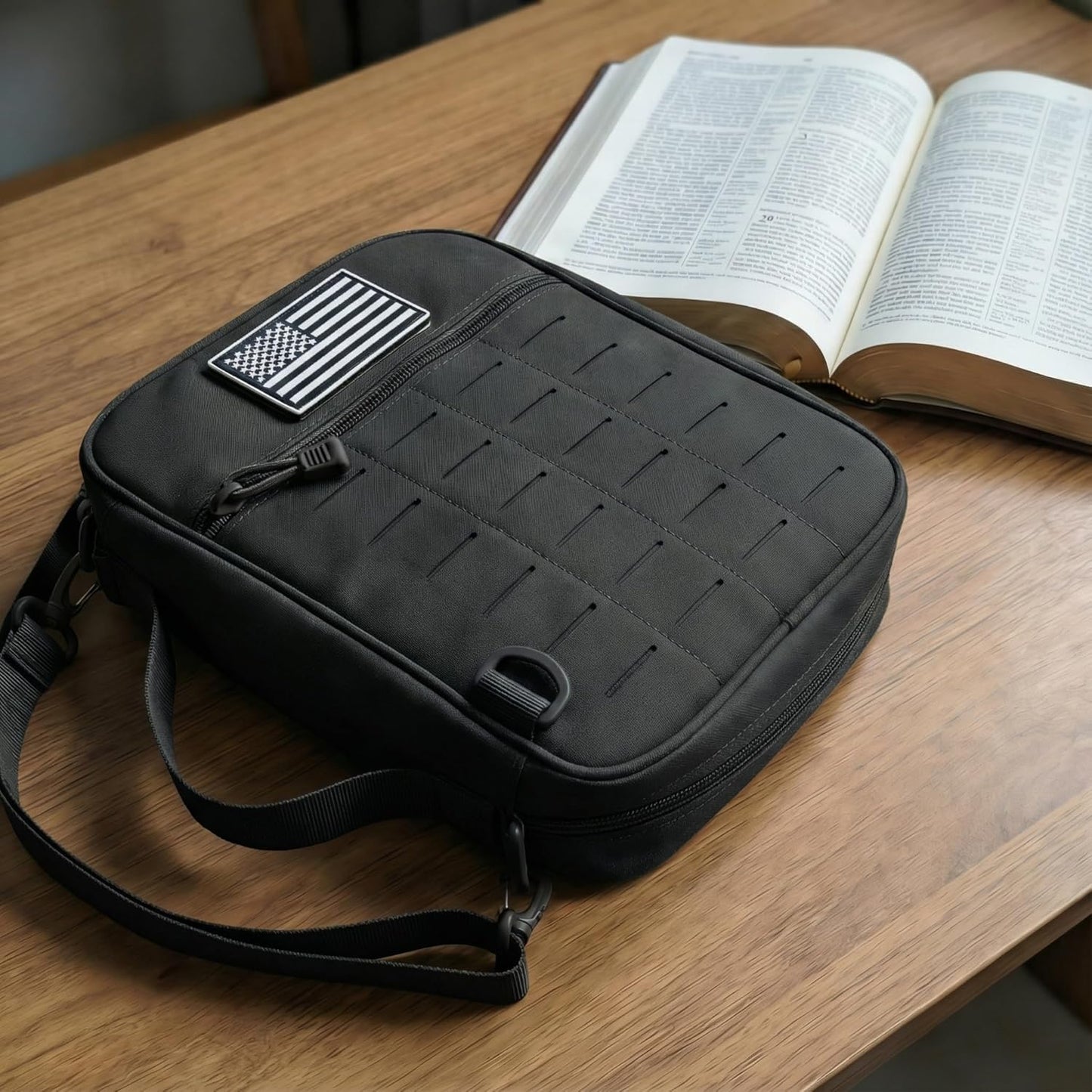 Skiennix Tactical Bible Cover - Large Water Resistant Case with Shoulder Strap & US Flag Patch | Multi-Pocket Design for Church & Travel
