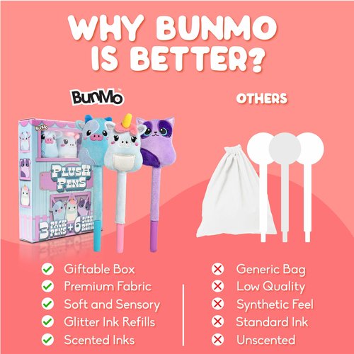BUNMO Cute Pens - Cute Fun Pens w/Soft Grip & 6 Refills - Gifts for Tweens - Fun Writing for Kids - Gift for Teens - Squishies for Kids - Plush 3 Pack