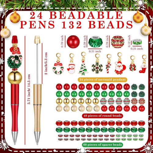 Fulmoon 24 Pcs Christmas Beadable Pens Bulk Plastic Bead Pens with 108 Pcs Assorted Beads 24 Pcs Charms Snowmen Santa Snowflake for Christmas Gifts School Office Supplies(Red, Green, Gold, Santa)