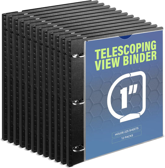 WOT I 12-Pack Telescoping 3 Ring Binder - Expandable, Portable Design Holds 225 Sheets | Black